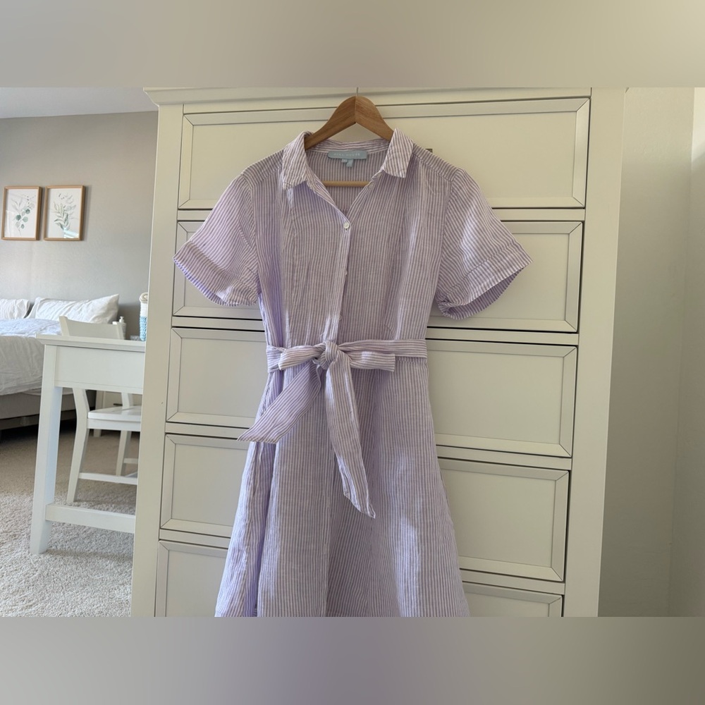 Hill House The Laura Dress Lilac Stripe  Linen shirt Dresse